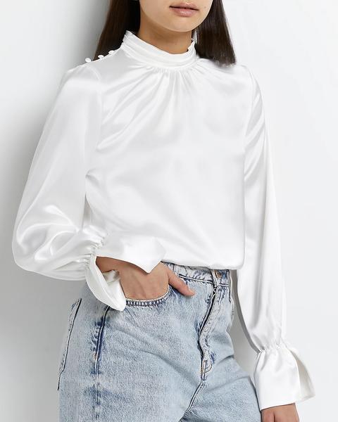 White Satin High Neck Blouse