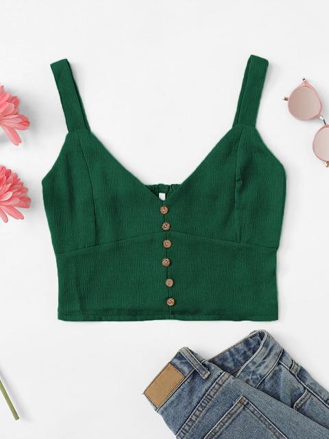 Casuale A Tinta Unita Bottone Verde Tops & Camis