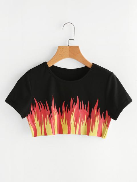 Camiseta Corta Con Estampado De Fuego