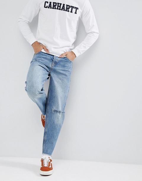 Asos Design - Jeans Stile Skater Blu Medio Slavato Con Strappi - Blu