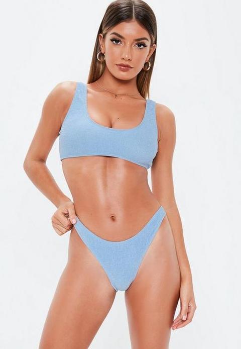 Blue Crinkle High Leg Boomerang Bikini Bottoms, Blue