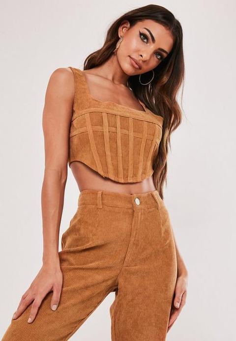 Petite Brown Co Ord Cord Corset Crop Top, Brown