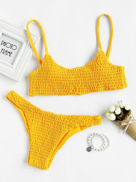 Scoop Neck Top With Smocked Bikini Set