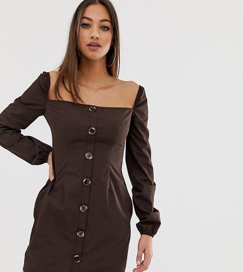 Minivestido Color Chocolate Con Escote Cuadrado Y Manga Abullonada De Prettylittlething