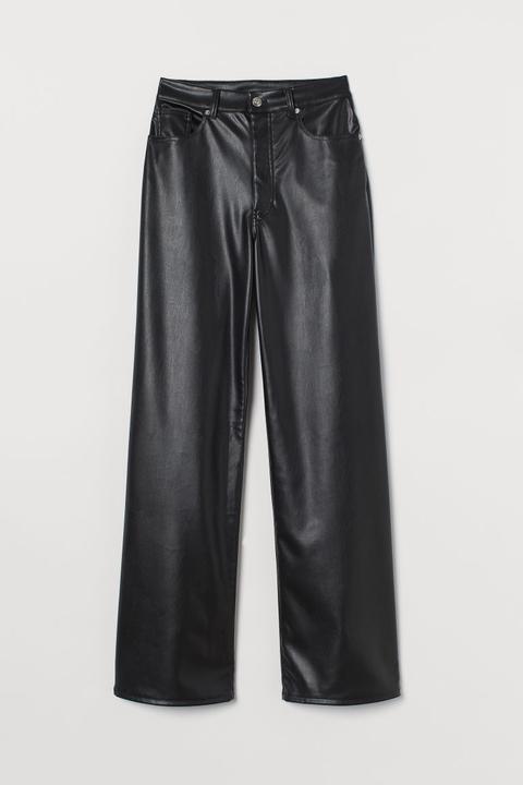 Wide Faux Leather Trousers - Black