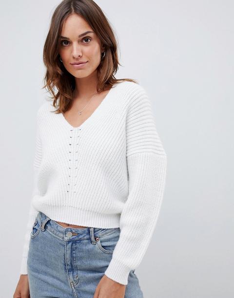 Asos Design - Maglione A Coste Con Scollo A V - Crema