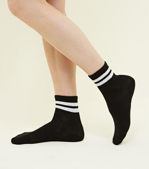 Black Ribbed Sport Stripe Socks New Look