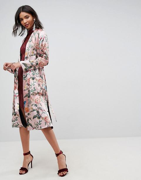 Asos - Kimono Lungo Con Fiori Ricamati - Multicolore