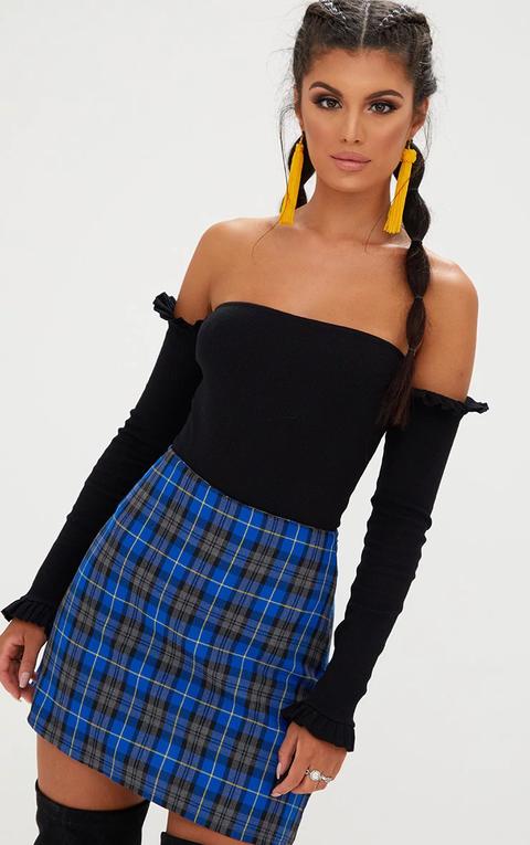 Black Bardot Jersey Rib Frill Sleeve Thong Bodysuit