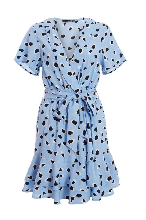 Pale Blue Dalmatian Print Frill Hem Wrap Dress