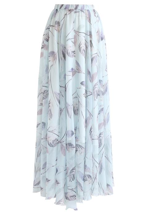 Minty Sweet Leaves Chiffon Maxi Skirt