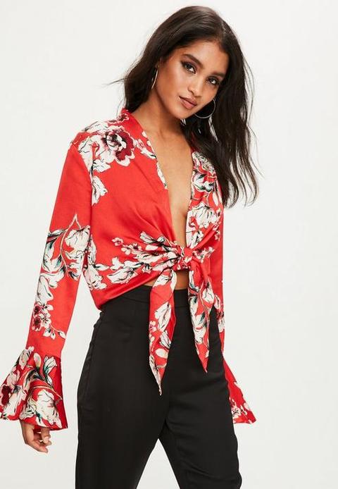 Red Floral Print Satin Blouse, Red