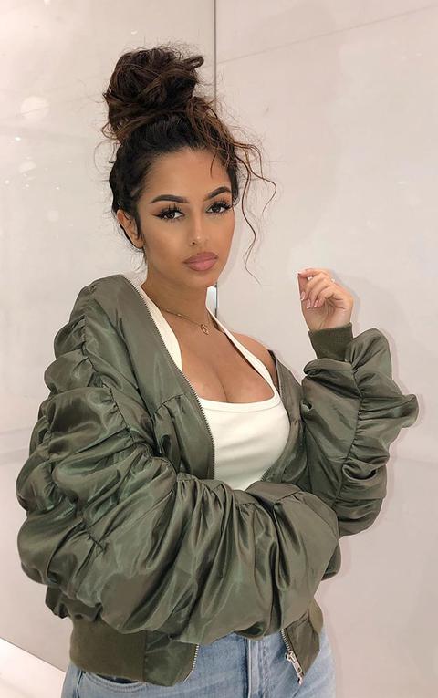 Khaki Ruched Oversized Bomber Jacket