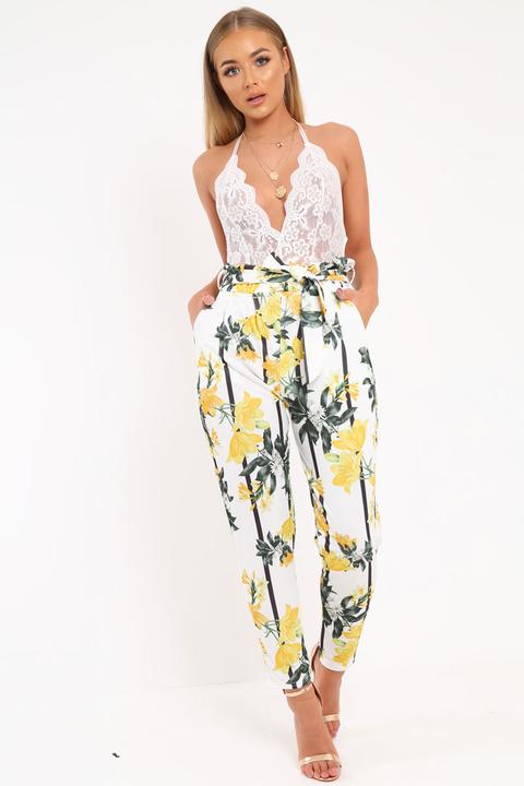 White Floral Paper Bag Waist Trousers - Hadden