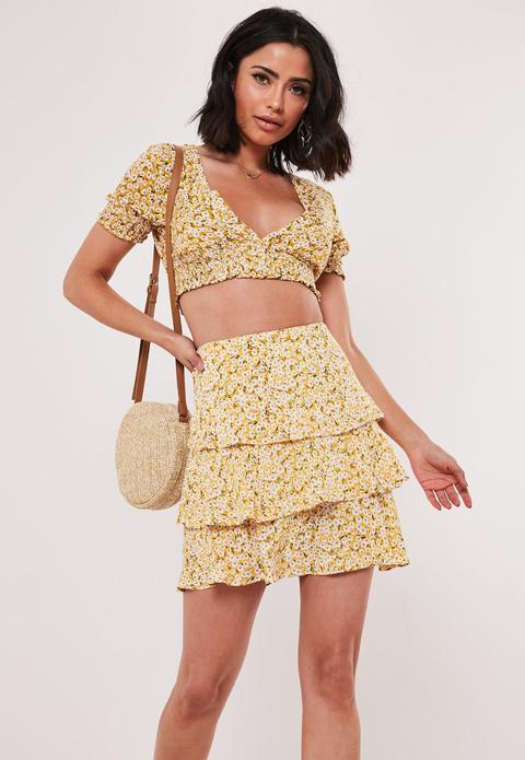 Yellow Floral Co Ord Ditsy Frill Layer Skirt