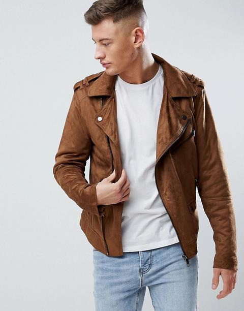 River Island - Giacca Stile Motociclista Marrone In Pelle Sintetica Scamosciata - Marrone