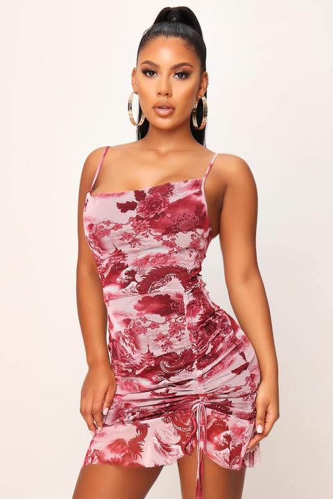Pink Mesh Multi Print Ruched Bodycon Dress