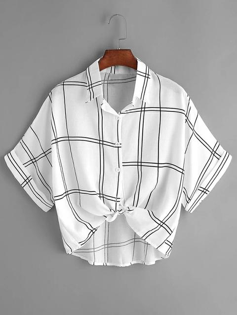 Blusa De Cuadros Con Cordón En La Parte Delantera - Negro Blanco