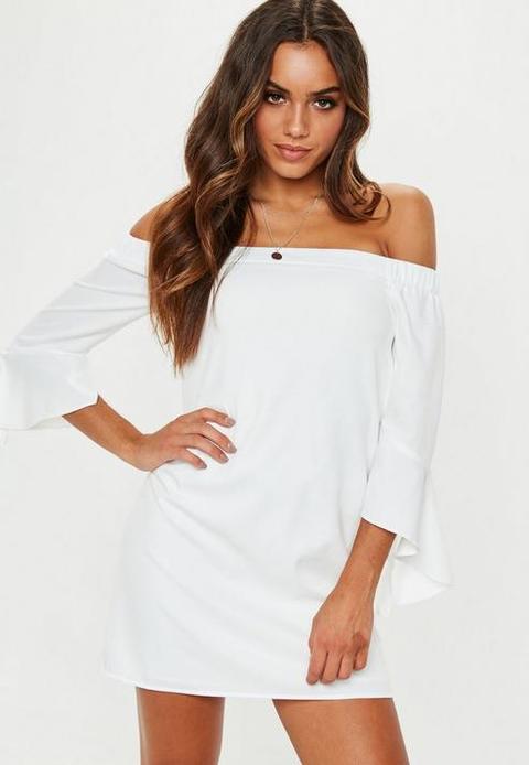 White Bardot Frill Sleeve Shift Dress, White