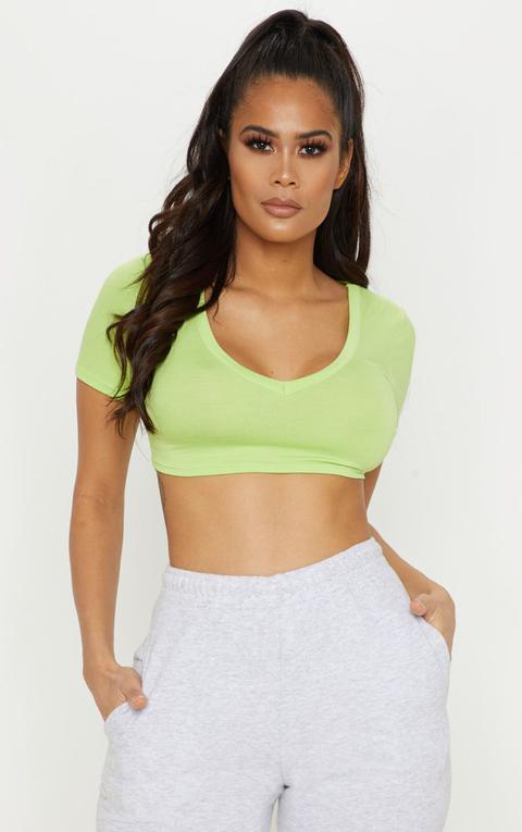 Neon Lime Jersey Short Sleeve V Neck Crop Top