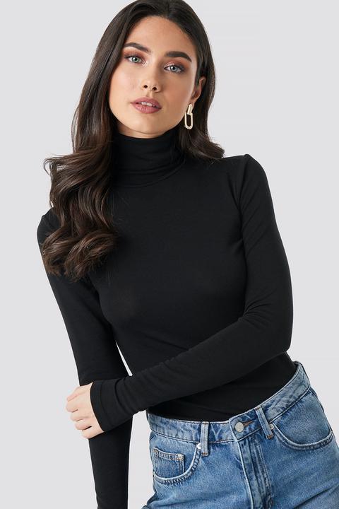 Polo Neck Long Sleeve Top Schwarz