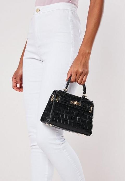 Black Croc Mini Handbag, Black