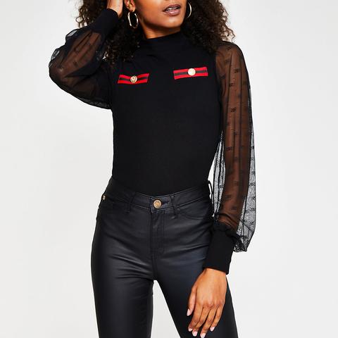 Black Long Sleeve Mesh Puff Sleeve Top