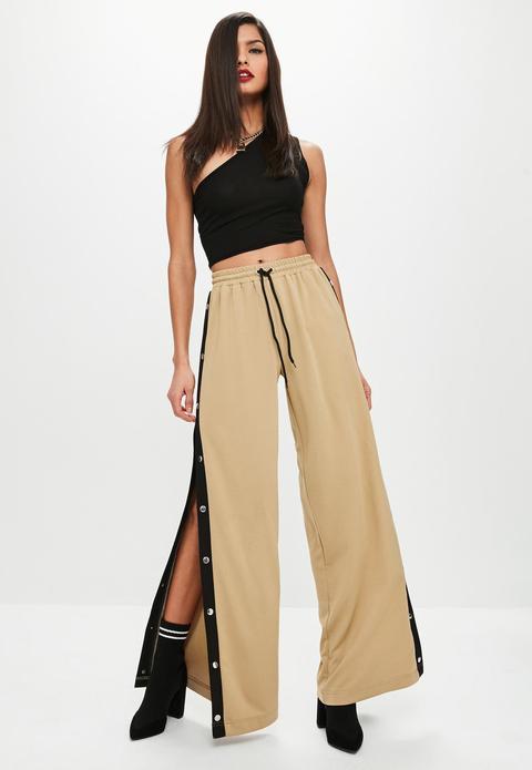 Khaki Popper Wide Leg Joggers, Beige