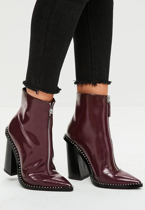 Burgundy Front Zip Pointed Ankle Boots, Red