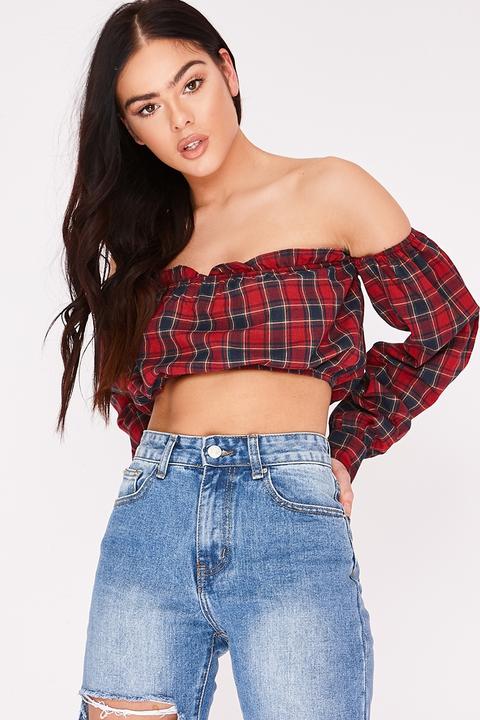 Red Tops - Pia Mia Red Check Oversized Sleeve Crop Top