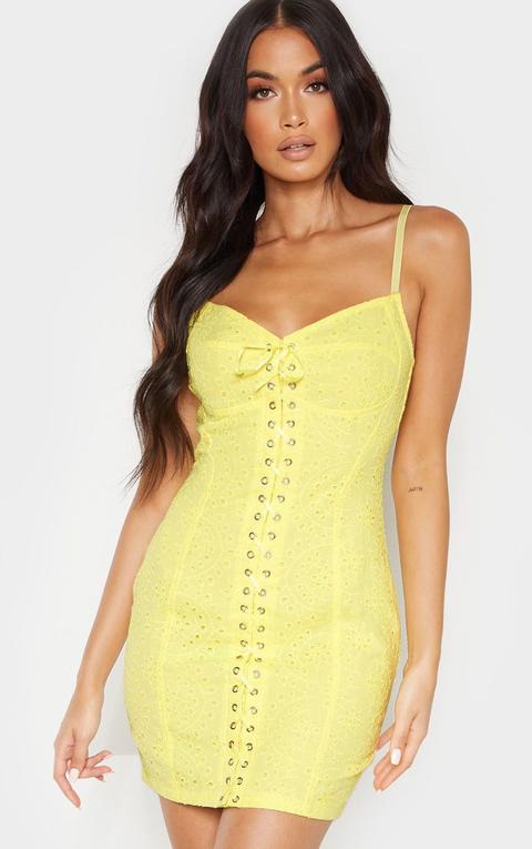 Yellow Broiderie Anglaise Lace Up Bodycon Dress, Yellow