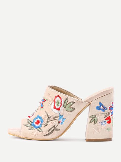 Flower Embroidery Heeled Mules