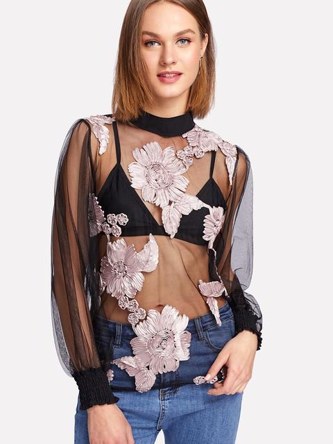 Camiseta De Malla Con Bordado De Pluma Con Camisola