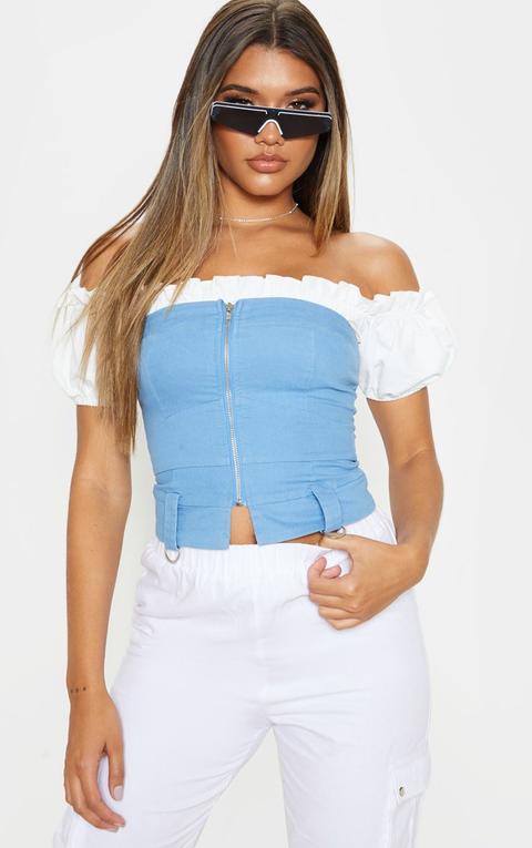 Light Wash Zip Front Bandeau Denim Top