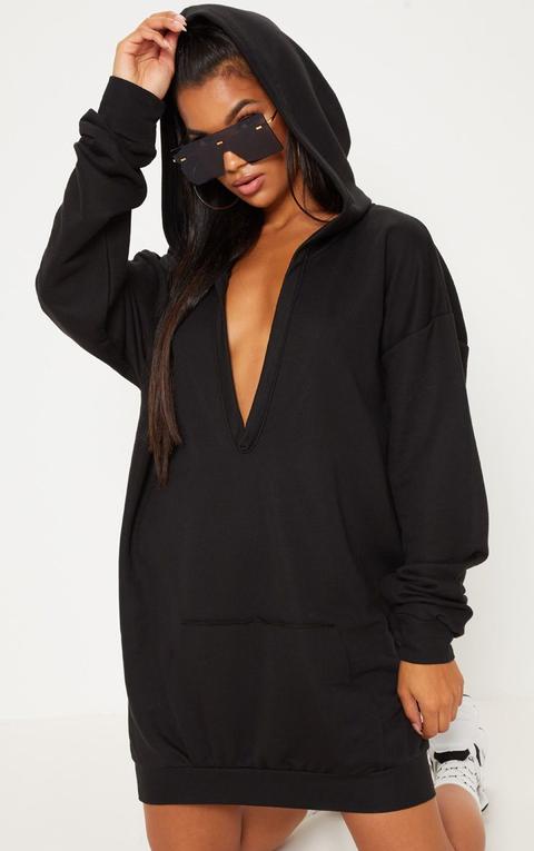 Black Extreme Plunge Oversized Hoodie Jumper Dress