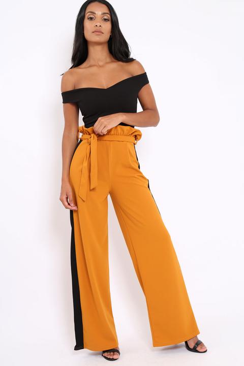 Mustard Paper Bag Tie Waist Wide Leg Trousers With Black Stripe - Kennedy