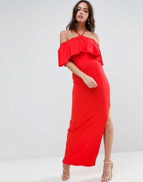 Asos - Vestito Lungo A Fascia Con Volant E Spalline Al Collo - Rosso