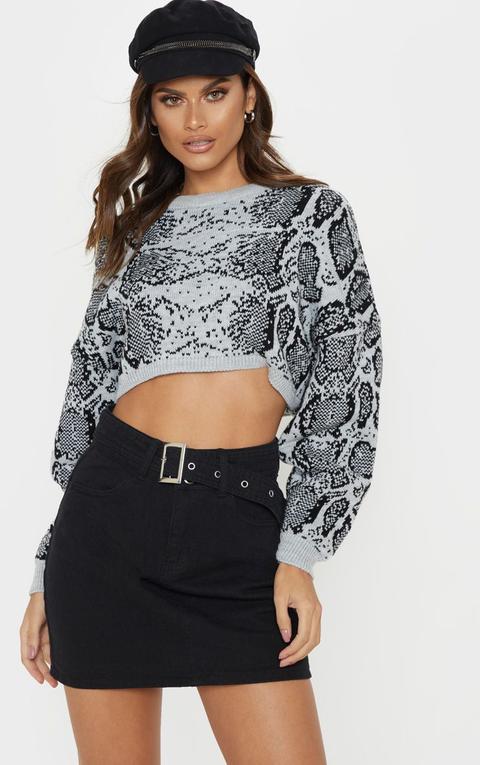Grey Snake Print Knitted Cropped Jumper