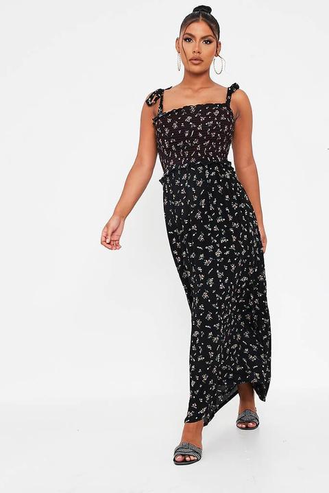 black ditsy floral shirred tie strap jumpsuit