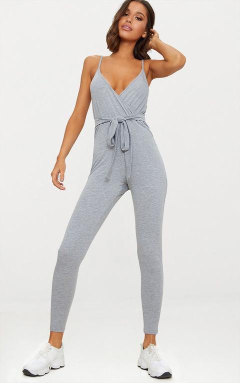 Grey Marl Jersey Wrap Tie Waist Jumpsuit, Grey