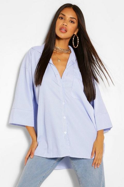 Chemise Coupe Oversize À Poche Et Rayures En Coton Mélangé - Bleu - 8, Bleu