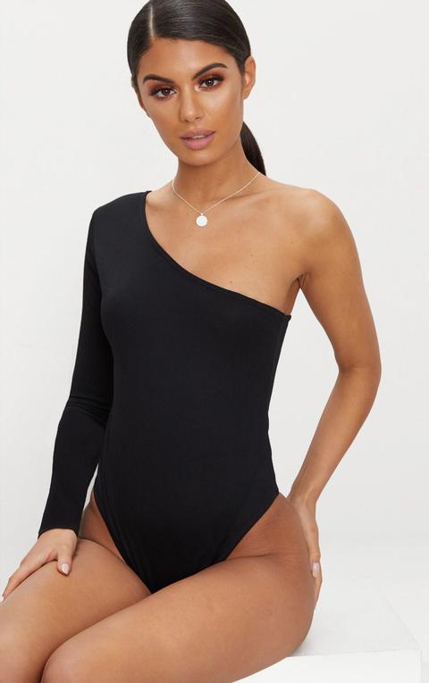 black stretch crepe one shoulder thong bodysuit