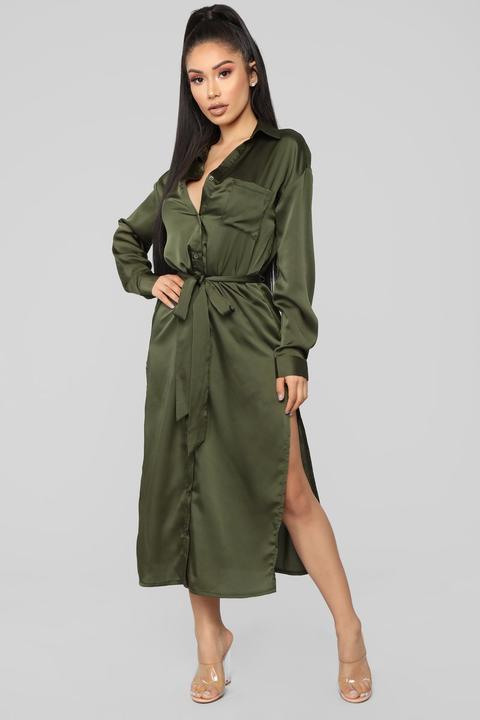 Zoey Satin Shirt Dress - Olive