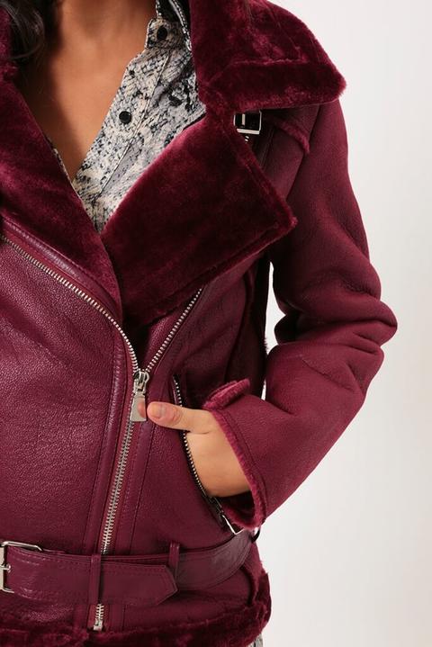 Wine Faux Fur Lined Soft Aviator Jacket