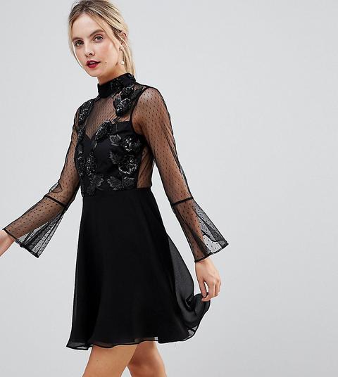 Asos Petite - Vestito A Pieghe Decorato In Tessuto A Pallini Con Maniche Svasate - Nero