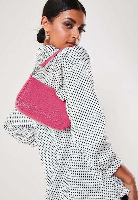 Pink Faux Leather Croc Shoulder Bag, Pink