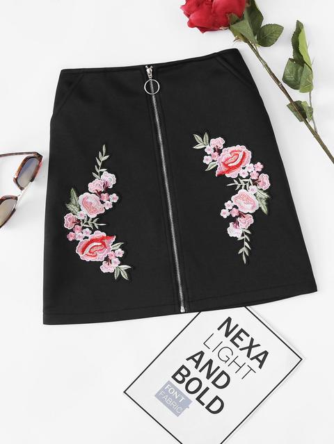 Floral Embroidered Patch Zip Up Front Skirt