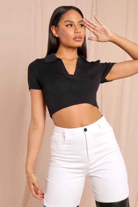 Tia Knitted Collared Crop Top