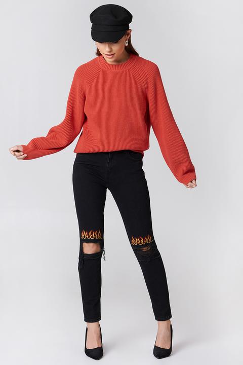 Ripped Knee Flame Embroidery Jeans Black