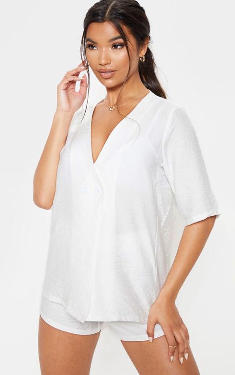 White Woven Plunge Longline Blouse, White